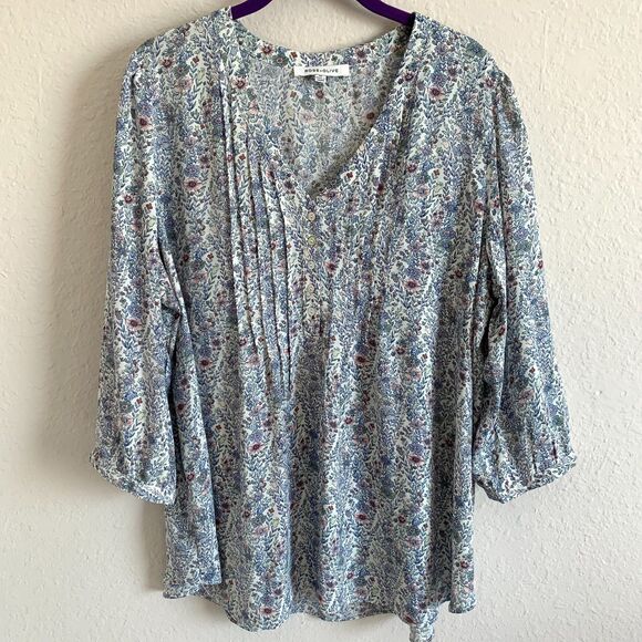 Rose & Olive Women's 1X Pastel Floral Pleated Button Blouse Cottagecore Office - Picture 1 of 6